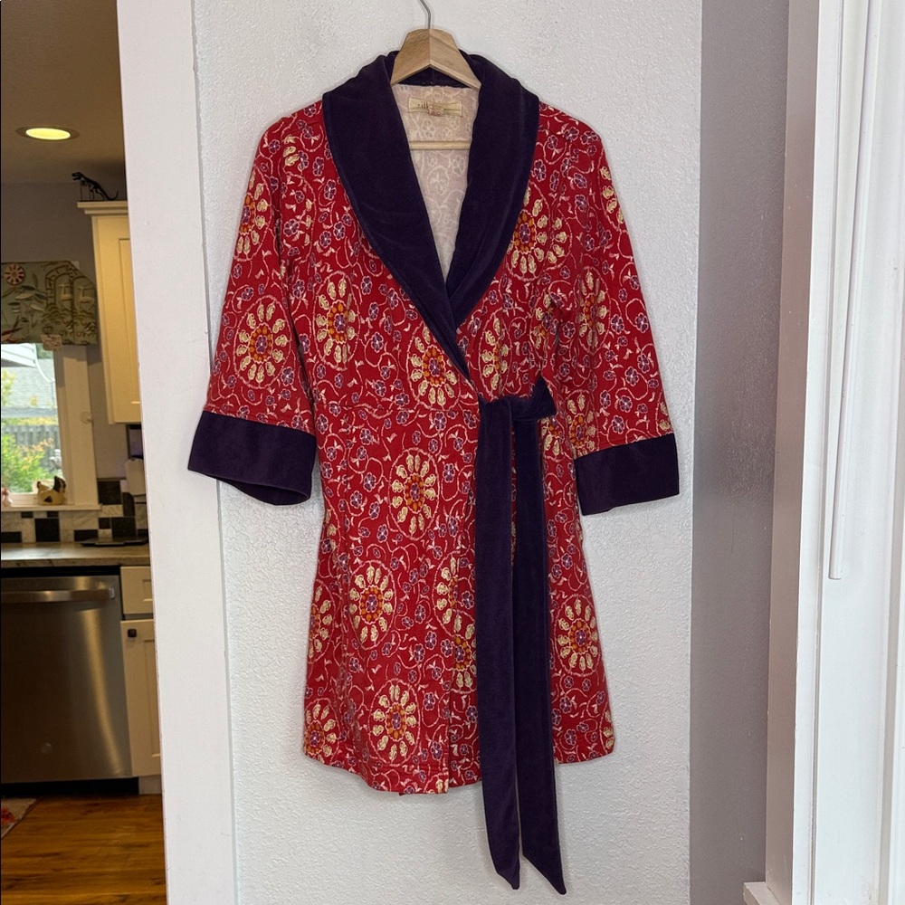 Anthropologie Red Patterned Velvet-Trim Robe with Black Velvet Trim